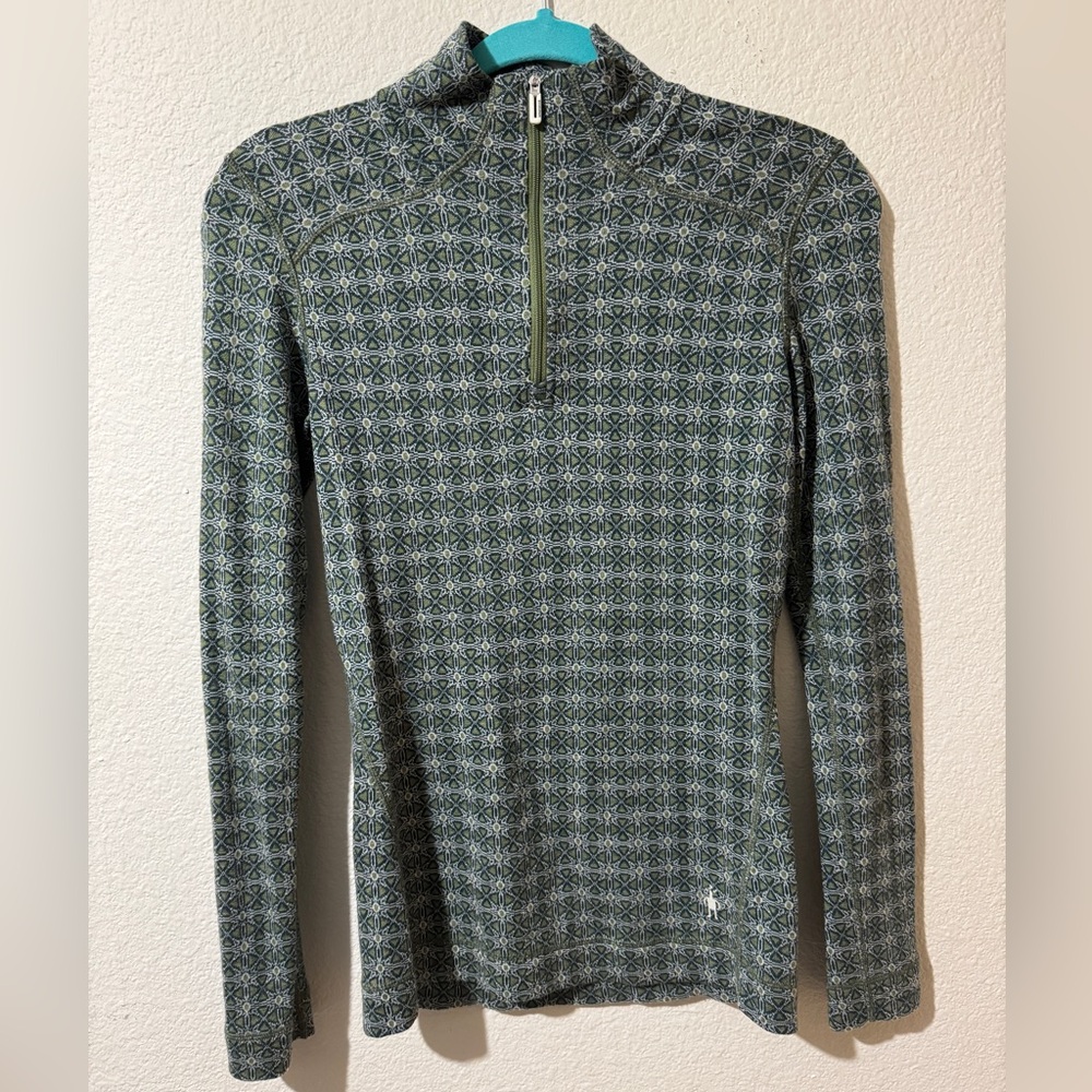 Women’s Smartwool 1/4 Zip Green Pattern Merino Wool Long Sleeve Top Size Small